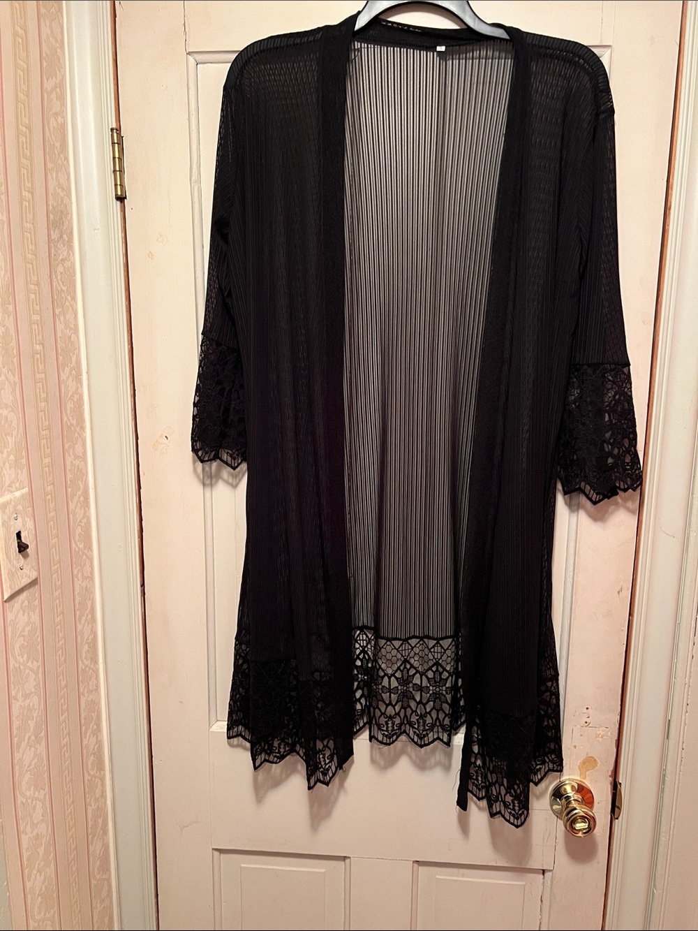 Black Sheer Lace-Trim Kimono Cardigan — Women's Lightweight Shrug